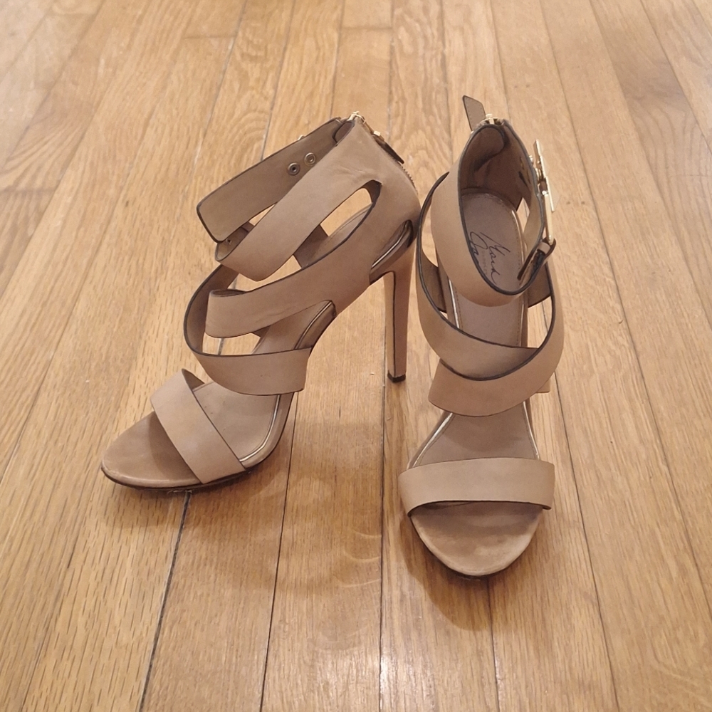Badgley Mischka Sky High Strappy Sandals, Sz 9.5, Camel